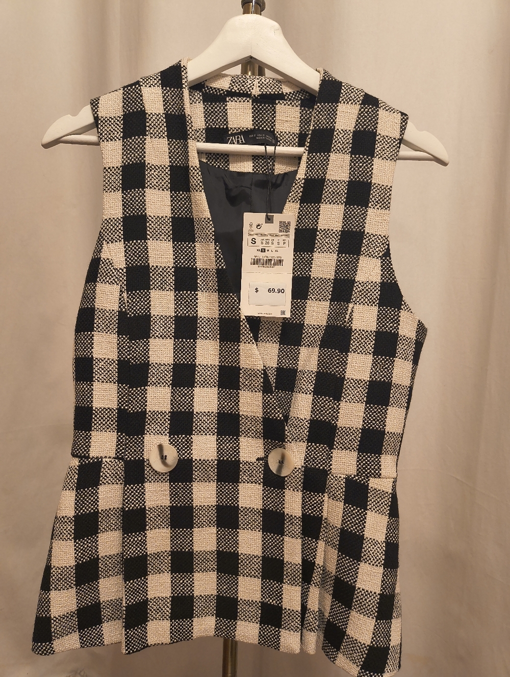 Zara Black and White Gingham Button-Front Vest NWT